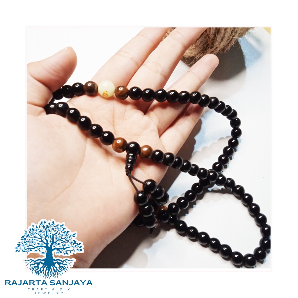 Kalung Tasbih Japamala 108 Batu Black Onyx Kombinasi Tiger Eye