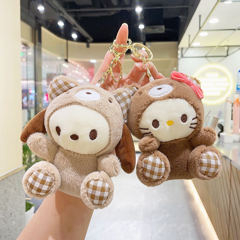 Kawaii Sanrio Mainan Mewah Gantungan Kunci Hello Kitty My Melody Cinnamoroll Pachacco Cute Bear Series Liontin Boneka Mainan Anak