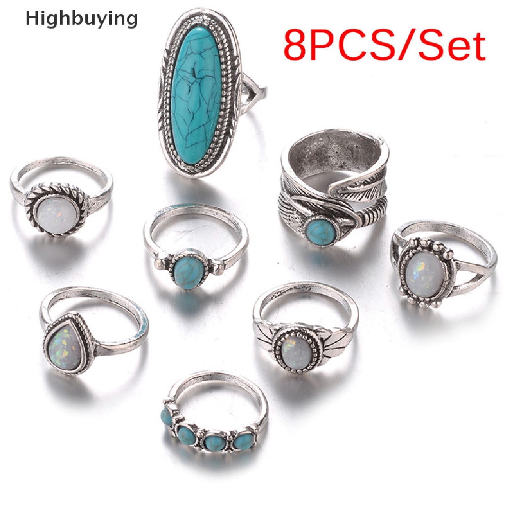 Hbid 8PCS/Set Bohemian Wanita Perak Turquoise Finger Rings Opal Cincin Hadiah Pernikahan Glory