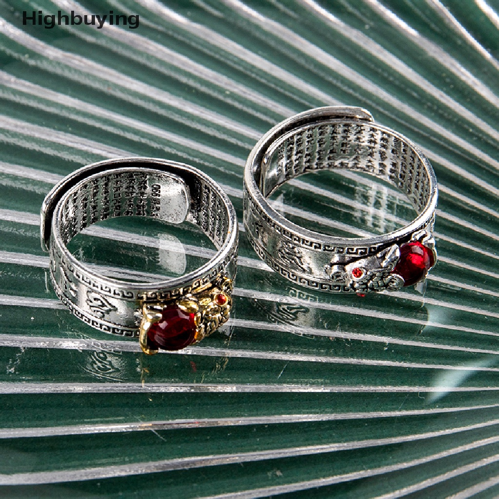 Hbid 1PCS Cina Feng Shui Pixiu Cincin Vintage Perak Disepuh Hati Sutra Beruntung Awan Diukir Cincin Batu Merah Permata Pi Xiu Binatang Cincin Pria Wanita Jari Cincin Perhiasan Antik Glory