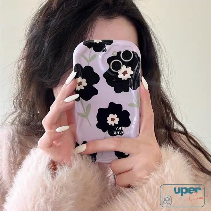 IPHONE Floral Soft Tpu Glossy Phone Case Kompatibel Untuk Iphone7-8 6s 6 Plus XR 13 11 12 14 Pro Max X XS Max SE 2020 Fresh Flower Purple 3D Wavy Curved Edge Shockproof Airbag Cover