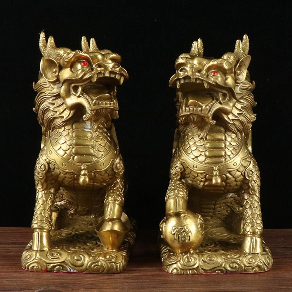 Fishstick Kylin Figurines Copper Qilin Gaya China Mudah Dibersihkan Good Luck Desain Unik Kerajinan Unggul Menarik Kekayaan Miniatur Patung