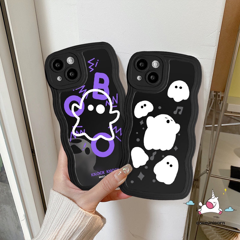 IPHONE Casing Ponsel Hitam Kompatibel Untuk Iphone11 13 12 14 Pro Max XR 6s 6 7 8 Plus X XS Max14 Plus SE 2020 7Plus Kartun Lucu Imut Hantu Monster Kecil Lembut Bergelombang Tepi Penutup Belakang