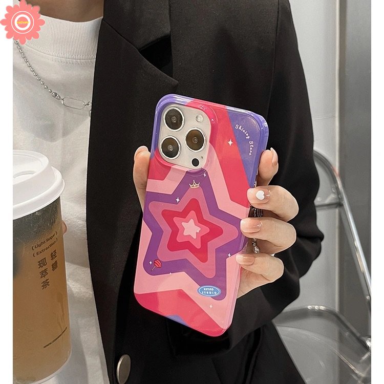 IPHONE Ins Rose Red Gradient Star Phone Case Kompatibel Untuk Iphone11 7plus XR 14 13 12 Pro Max 7 8 Plus X XS Max SE 2020 Cinta Hati Shockproof Camera Protection Glossy Soft Cover