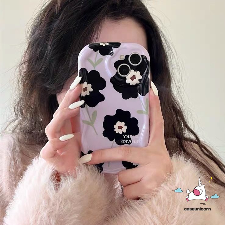 Casing Ponsel Tepi Melengkung Bergelombang 3D Kompatibel Untuk iPhone 7Plus 11 14 13 12 Pro Max XR 6s 6 7 8 Plus X XS Max SE 2020 Retro Bunga Airbag Glossy Tpu Lembut Shockproof Ungu Cover