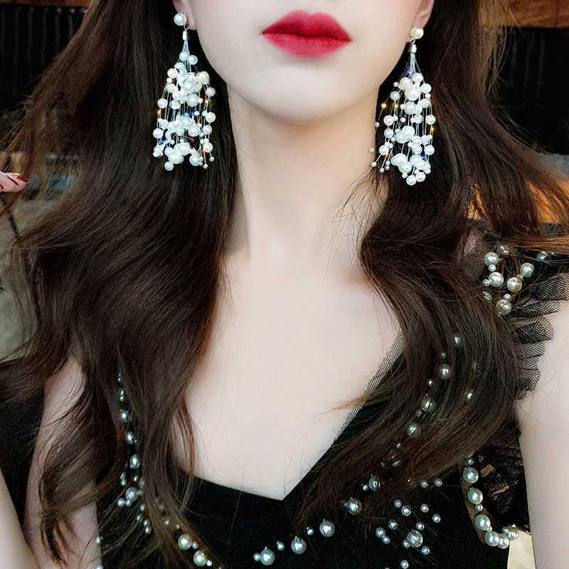 Anting Tali Mutiara Lady Temperamen Korea Baru Tidak Teratur Geometris Mutiara Panjang Rumbai Anting Earrings