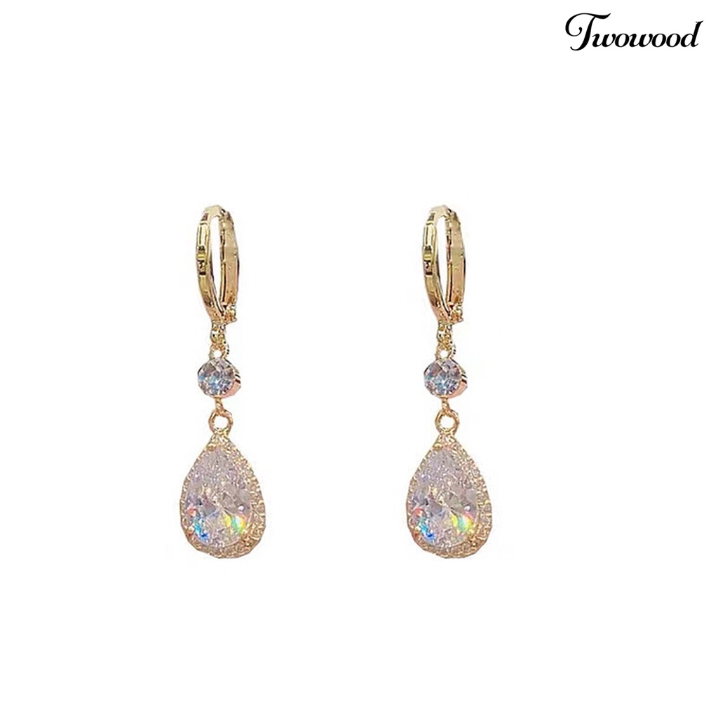 Twowood 1pasang Menjuntai Anting-Anting Tetesan Air Liontin Elegan Emas Hypoallergenic Berkilau Berlian Imitasi Wanita Anting-Anting Fashion Perhiasan