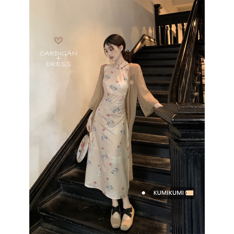 Red Kumikumi Gaya Cina Baru Retro Temperamen Pinggang Ditingkatkan Cheongsam Wanita Musim Semi dan Musim Panas Tabir Surya Cardigan Dua Potong Set