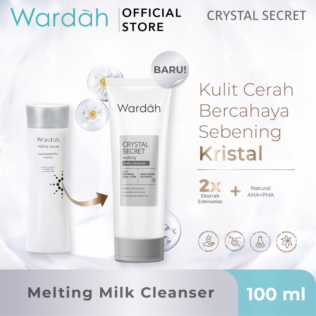 WARDAH Crystal Secret Melting Milk Cleanser Indonesia / Pembersih Wajah 100ml / With Natural AHA + PHA Edelweiss Extract / Watery Milk Texture To Gently Melt Away Makeup And Impurities Facial Wash Foam Cleansing Sabun Cuci Muka / Skincare Face Care Series