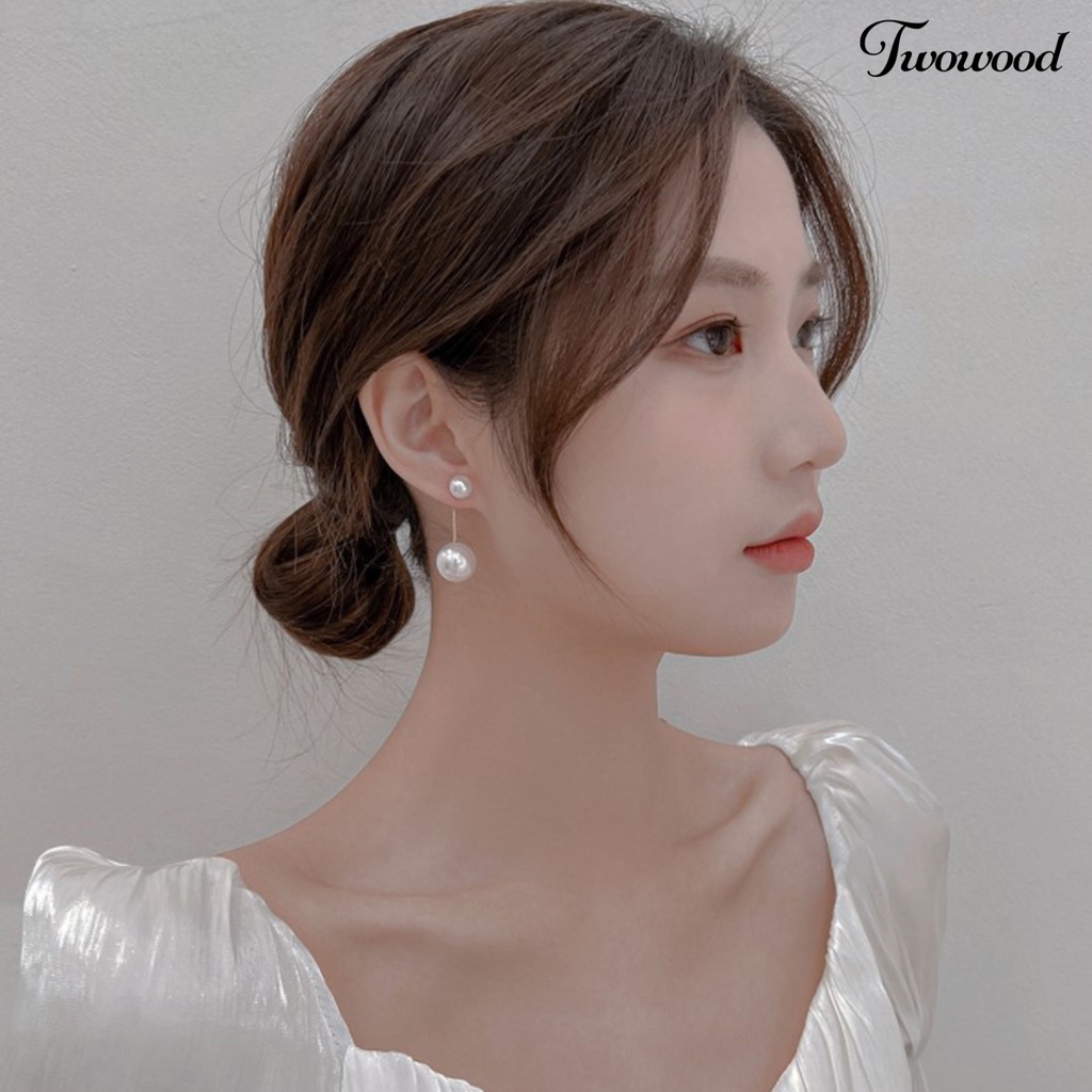 Twowood 1pasang Menjuntai Anting Elegan Telinga Dekorasi Tindik Temperamen Mutiara Imitasi Panjang Rumbai Stud Earrings Aksesoris Fashion