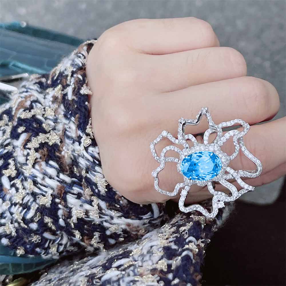 Goldkingdom Aksesoris Perhiasan Fashion Ready Stock Original Desain Industri Berat Ringan Mewah Full Bor Topaz Biru Jas Super Peri Busur Kalung Warna-Warni Anting Cincin Perempuan.