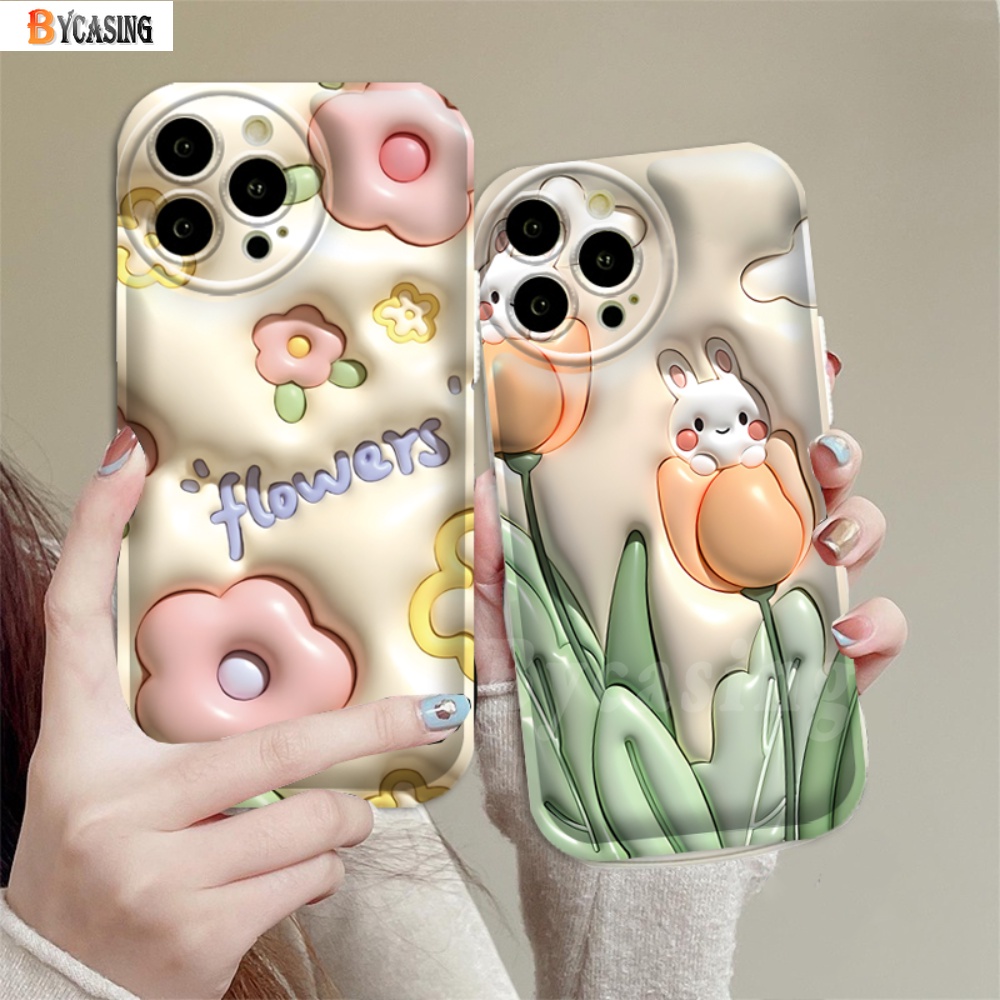 Oppo A17K A77S A57 A17 A16 A16K A15 A15S A5S A12 A7 A3S A12E A54 A92 A52 F1S A1K A53 A33 A31 A5 F9 A59 C1 3D Vision Rabbit Flowers Tulip Bantal Angin Tahan Guncangan Soft Case BY