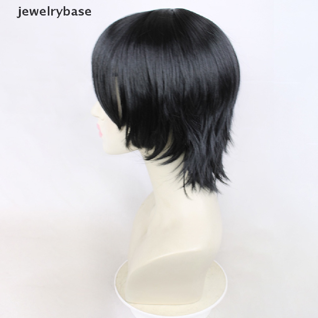 [jewelrybase] Himeno Wig Rantai Man Hitam Pendek Berbulu Lapis Rambut Sintetis Patch Tahan Panas Kostum Pesta Wig Butik