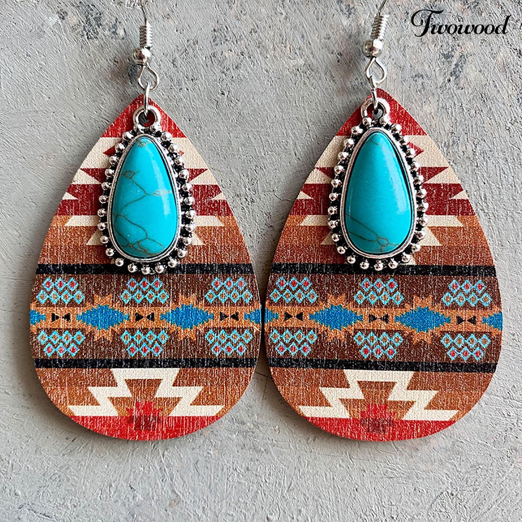 Twowood 1pasang Menjuntai Anting Bohemian Retro Gaya Etnik Imitasi Turquoise Pola Aztec Berdandan Hadiah Wanita Tetesan Air Liontin Anting Boho Perhiasan