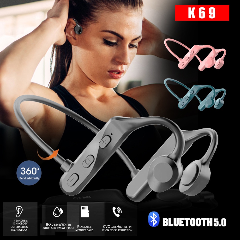 (COD) Tws k69 bone conduction wireless sports headset bluetooth handsfree headset with microphone for running games