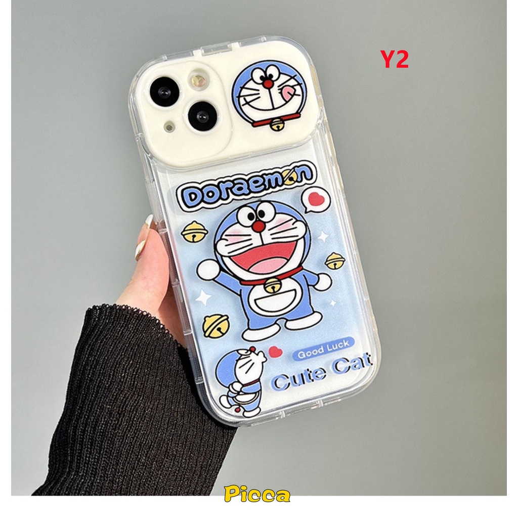 IPHONE Cover Ponsel Doraemon Kucing Kartun Lucu Kompatibel Untuk Iphone7 8 14 Plus11 13 12 14 Pro MAX XR X XS MAX SE 2020 Flip Make Up Mirror Case Shockproof Soft TPU Casing