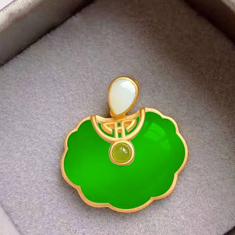 Goldkingdom Fashion Perhiasan Aksesoris Ready Stock Warisan Kuno Hetian Giok Panjang Umur Kunci Liontin Perdamaian Perempuan Lock Kalung Berlapis Kuningan Perhiasan Emas Kuno Dan Giok