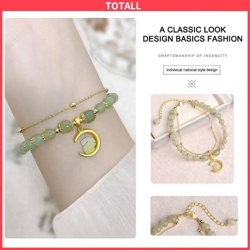 COD Gelang Rantai Manik-Manik Giok Hetian Alami Desain Kelinci Bulan Untuk Wanita-Totall