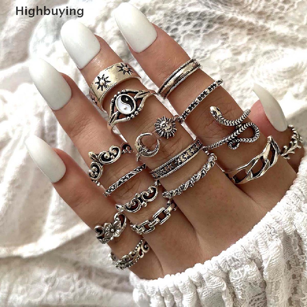 Hbid Tren Fashion Gaya Temperamen Perhiasan Kepribadian Perempuan Retro Alloy Ular Bulan Gosip Matahari Cincin Set Glory