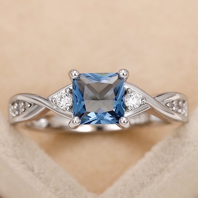 Cincin Princess Square Blue Cubic Zirconia Mewah Untuk Wanita Temperamen Pernikahan Band Aksesoris Perhiasan Berkualitas Tinggi Baru