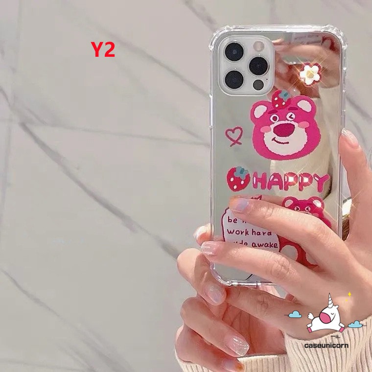 Casing Ponsel Manyo Kartun Strawberry Bear Lucu Imut Kompatibel Untuk iPhone 7plus XR 11 12 13 Pro MAX 7 8 Plus X XS MAX SE 2020 Lembut Jatuh Shockproof Make Up Mirror Back Cover