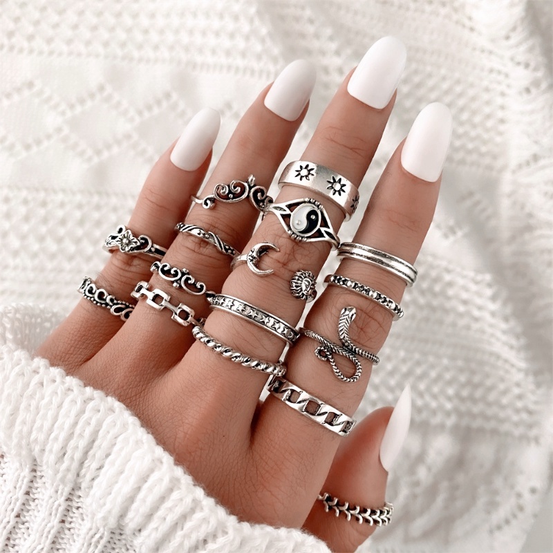 16pcs/set Trendi Perhiasan Dekoratif Pola Ular Jari Cincin Vintage Tai Chi Pola Cincin Pesta Kerawang Alloy Ring
