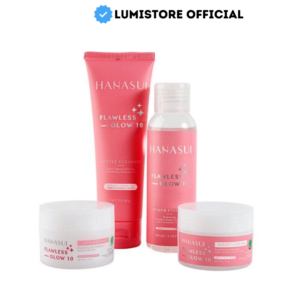 Skincare Paket Glowing Hanasui Flawless Glow / Ecer Cream siang malam toner sabun