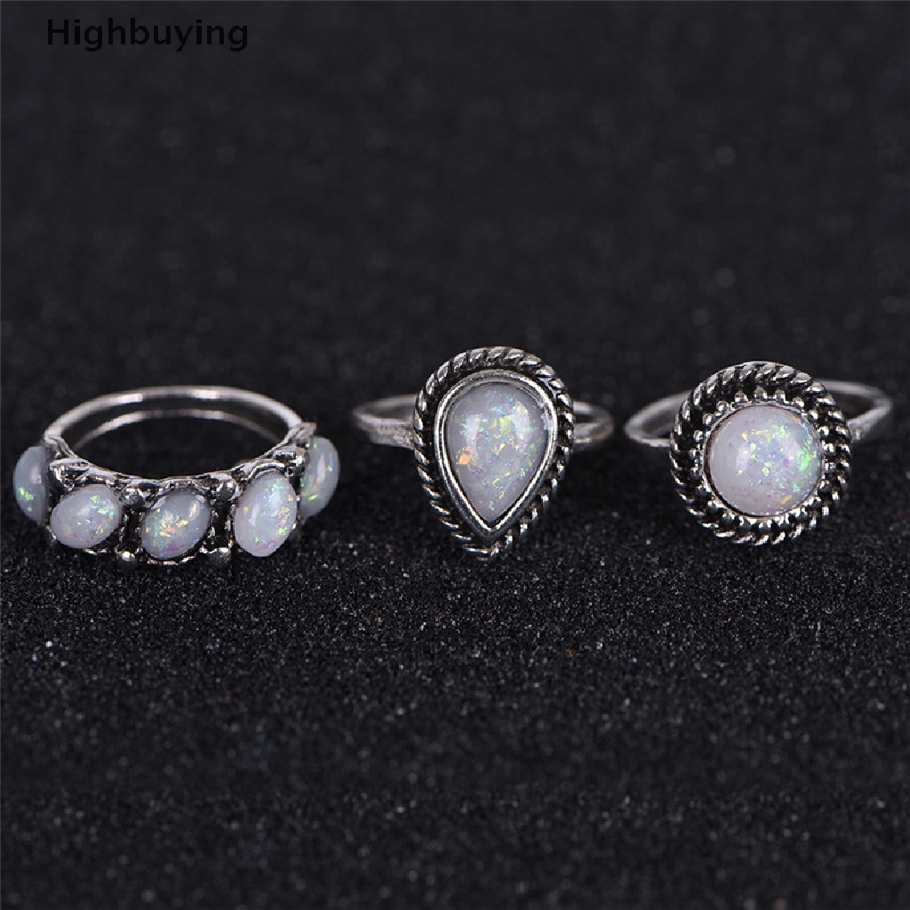 Hbid 8PCS/Set Cincin Perak Putih Api Opal Cincin Kawin Tunangan Cincin Wanita Perhiasan Glory