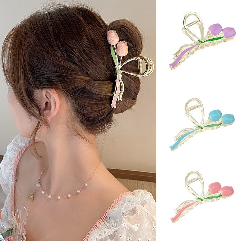 Modis Elegan Tulip Lily Bunga Alloy Rambut Cakar Jepit Rambut Aksesoris Rambut Wanita