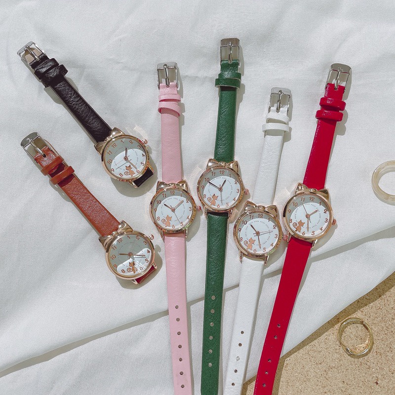 RRNS 184 Jam Tangan Strap PU Analog Casual Gaya Retro Untuk Wanita Watch Korean Fashion Kucing