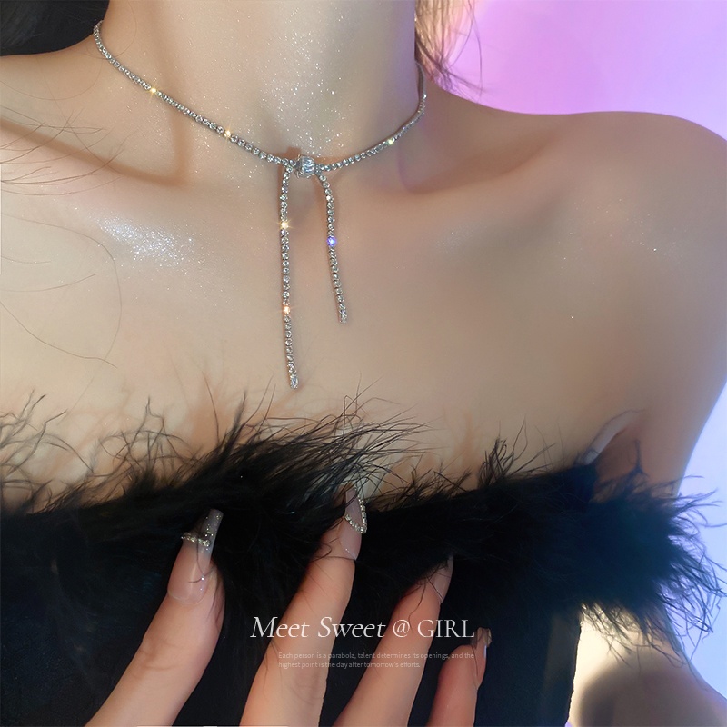 Kalung Rumbai Zircon Choker Rantai Silver Busur Kristal Mewah Untuk Aksesoris Perhiasan Wanita