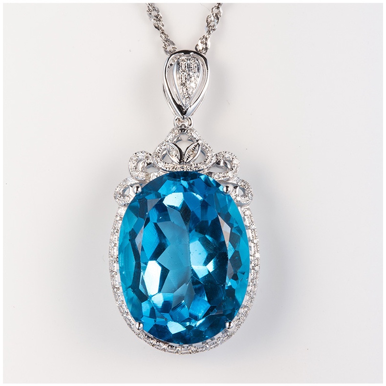 Goldkingdom Fashion Perhiasan Aksesoris Ready Stock Eropa Dan Amerika Karat Swiss Blue Topaz Liontin Perempuan Perak Berlapis Perak Bertatahkan Zirkon Imitasi Berwarna Permata Kalung.