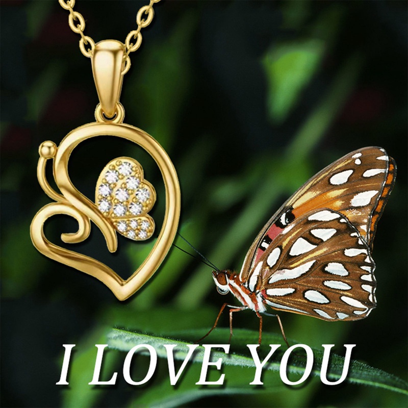 Vintage Warna Emas Hati Kupu-Kupu Kalung Liontin Fashion Rantai Chokers Necklace Untuk Wanita Cubic Zirconia Jewelry