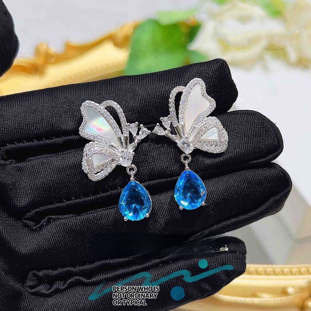 Goldkingdom Fashion Perhiasan Aksesoris Ready Stock Putih Alami Fritillaria Super Peri Kupu-Kupu Topa Batu Anting Perempuan Santa Maria Biru Tetesan Air Pear Berbentuk Anting-Anting