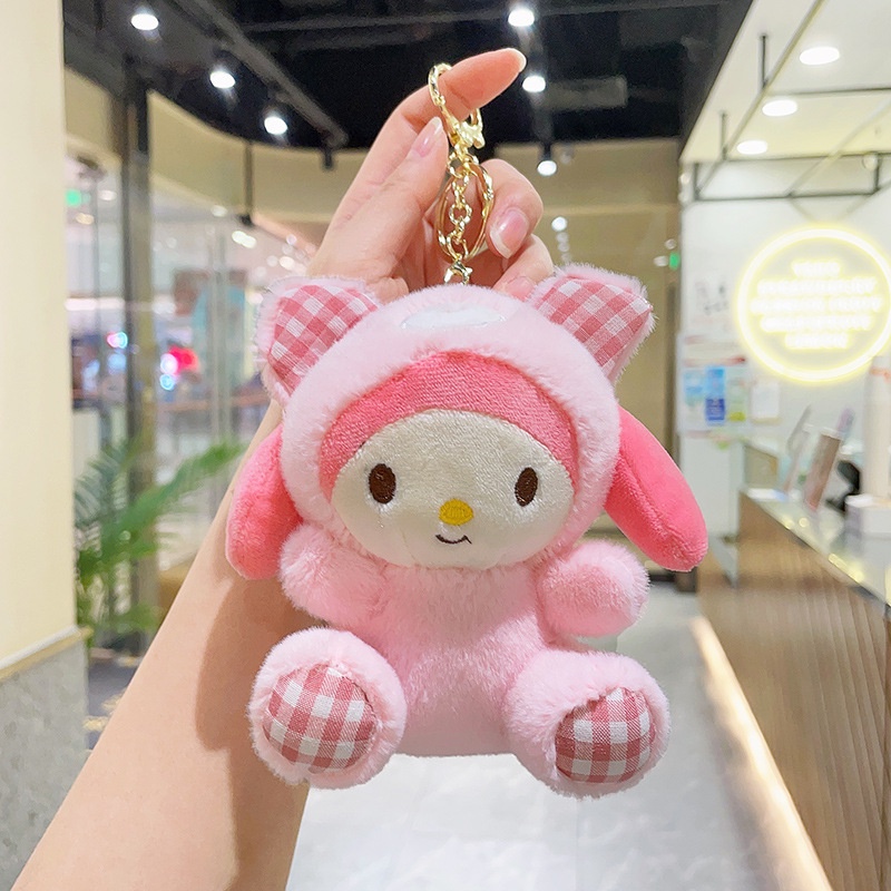 Kawaii Sanrio Mainan Mewah Gantungan Kunci Hello Kitty My Melody Cinnamoroll Pachacco Cute Bear Series Liontin Boneka Mainan Anak