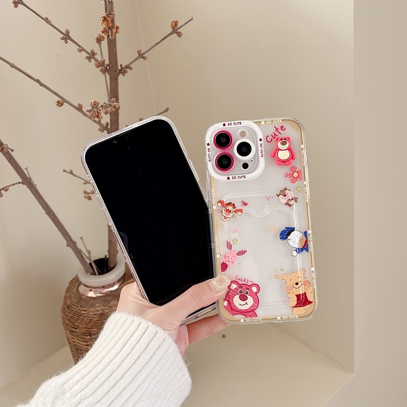 IPHONE Casing Pelindung Desain Lengan Kartu Beruang Kartun strawberry Untuk Iphone14 13 12 Pro Max11 X XR XS Max7 8 Plus