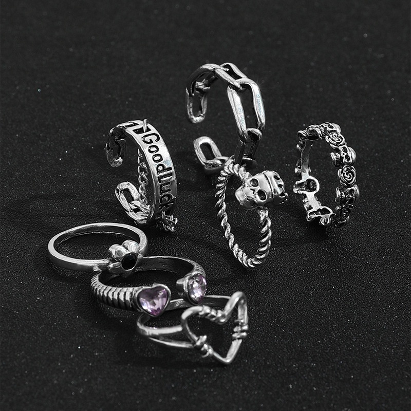 Fashion Retro Hip-hop Cinta Kerangka Huruf Mawar Semoga Beruntung Bunga Kecil Cincin Set
