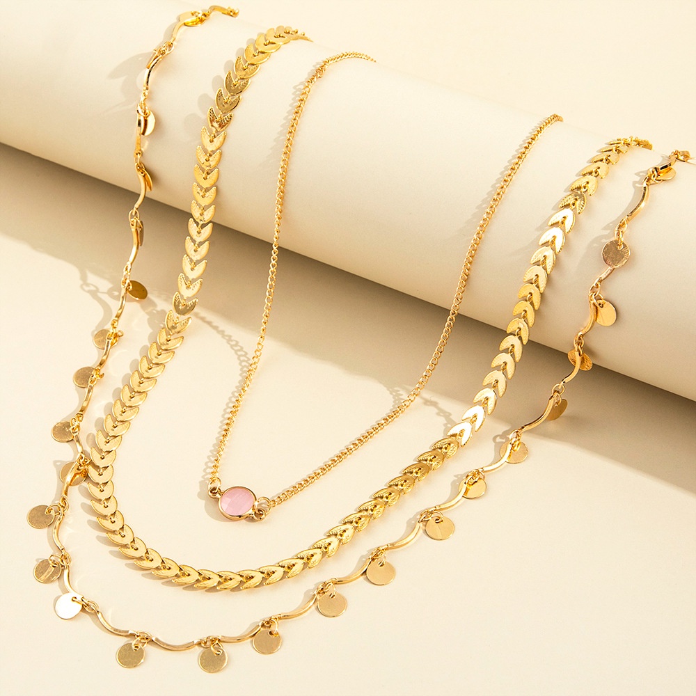 Fashion Elegan Individualitas Mode Lingkaran Daun Rumbai Merah Muda Permata Kalung Kerah Rantai Tiga Potong Set