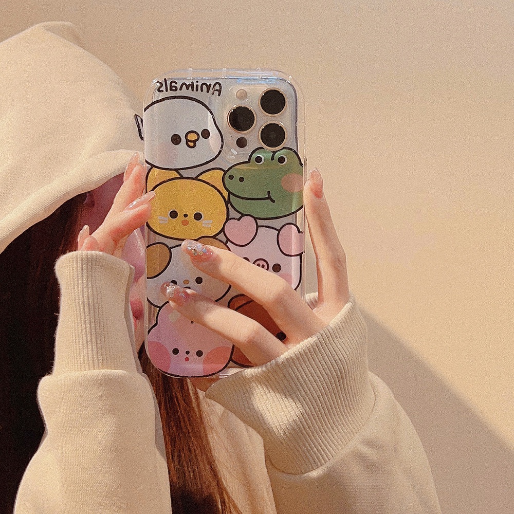 IPHONE Cute Animals Kartun Zoo Anti-Jatuh Transparan Lembut TPU Phone Case Cover Untuk Iphone11 12 13 14 PRO PLUS MAX