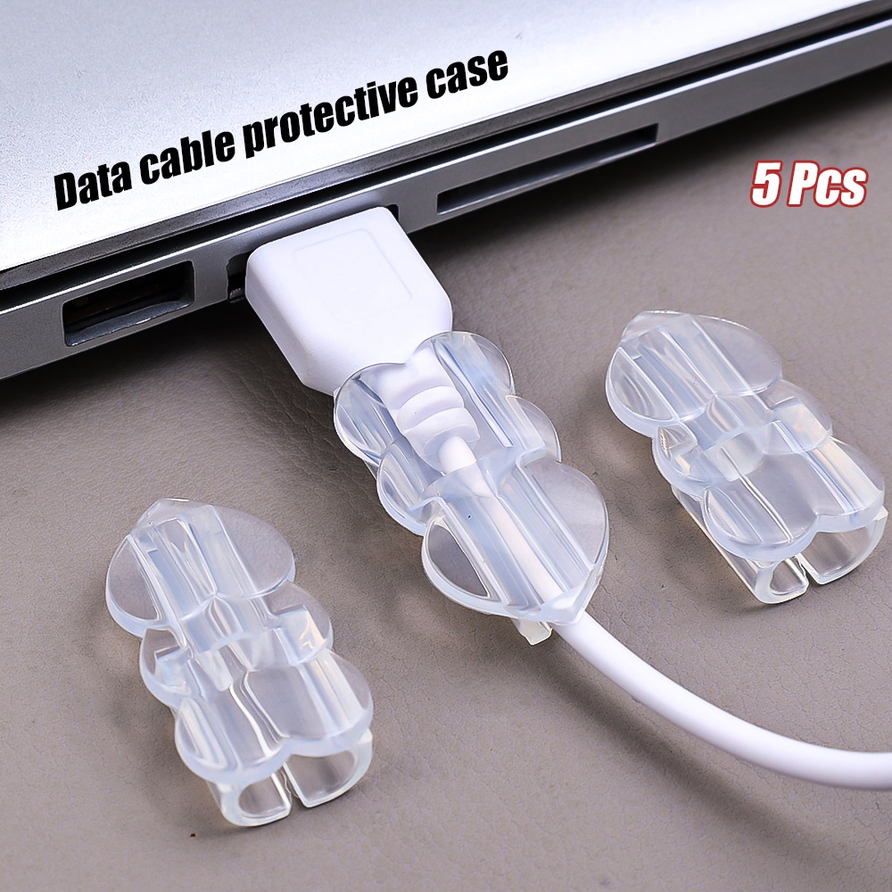 1/5pcs Pack Bening TPU Data Cord Holder Case Case Pelindung Untuk Ponsel Transparan Charging Cable Winder Bentuk Hati Penutup Bening Klip Universal