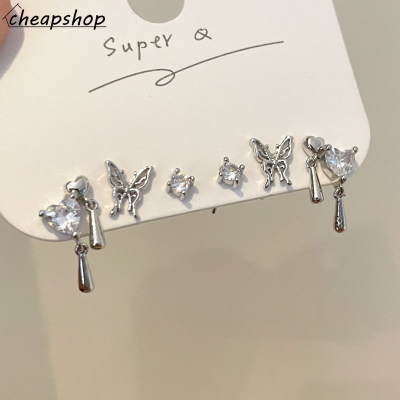 IFYOU 3pasang/set Anting Kupu-Kupu Cair Set Anting Stud Kristal Silver Hati Untuk Aksesoris Perhiasan Wanita