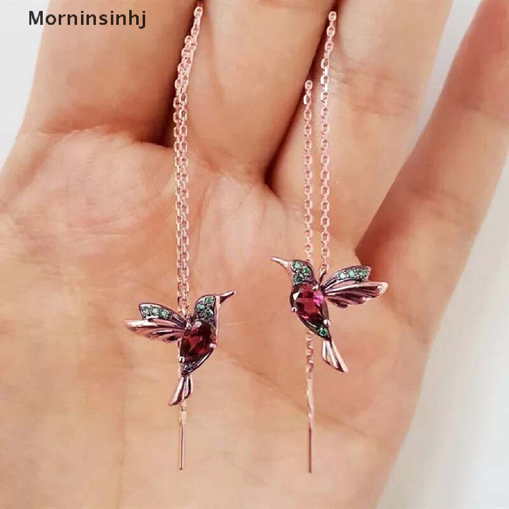 Mornin Hummingbird Anting Tetes Panjang Liontin Burung Rumbai Anting Liontin Kristal id