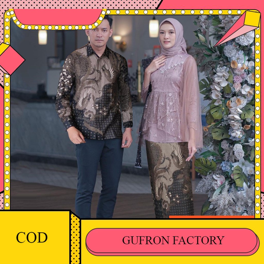 WOU BATIK - Kebaya Batik Couple Lamaran dan Tunangan Ayra Brokat Tille Mix Payet Mutiara Modern Keki
