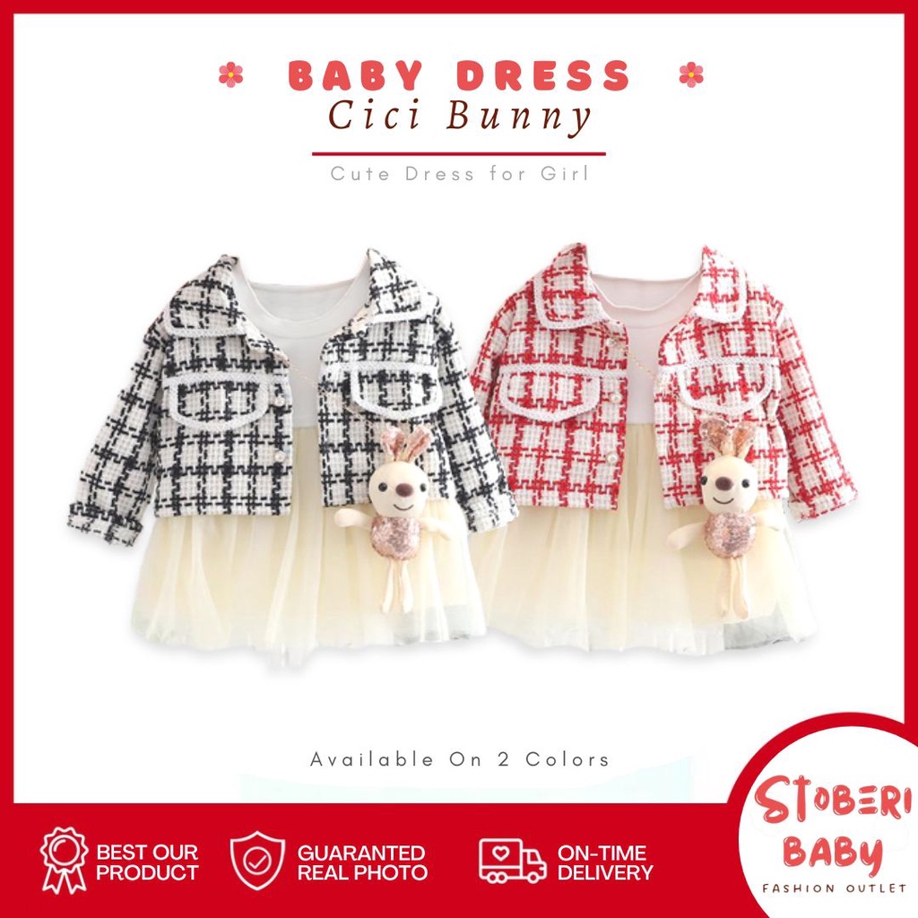 PUNCAK 3.3 stoberi baby - DRESS CICI BUNNY VEST EBV Free Dolls Baju Blouse Dress Anak Perempuan Import Dress anak/Bayi Perempuan Gaun bayi Rok Anak Pakaian anak Set