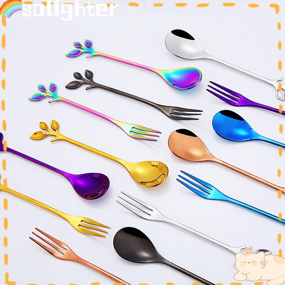 SOLIGHTER Coffee Spoon Stir Small Branches Leaf Stainless Steel Fruit Fork