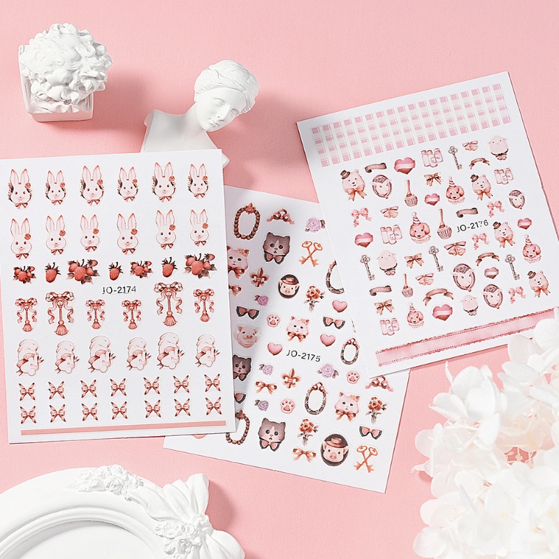 1lembar Lucu Rococo 3D Manis Hewan Peliharaan Kelinci Kuku Stiker Vintage Anjing Kucing Babi Kotak-Kotak Manicure Self-Adhesive Tipis DIY Kuku Stiker Dekorasi Aksesoris