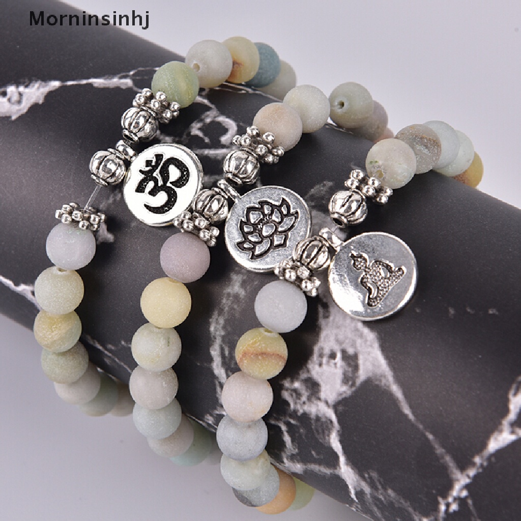 Mornin Wanita Pria Matte Amazonite Stone Lotus Budha Yoga Gelang Chakra Mala Beads id