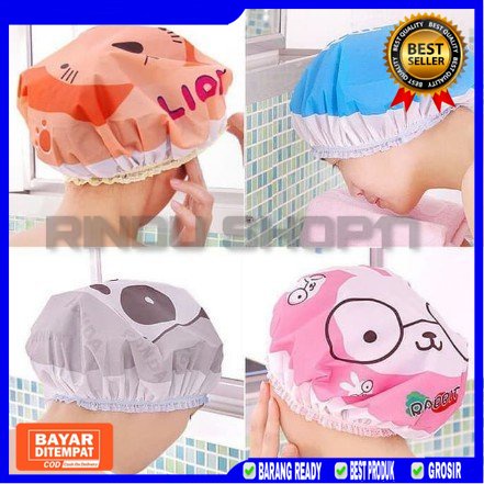 (RS)Shower Cap Karakter Topi Penutup Cover Kepala Pelindung Rambut Waterproof Anti Air Basah Unik Lucu