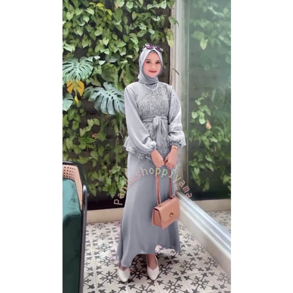 Saukia Zaskia Dress Premium Maxy Material Satin Mix Brokat Wanita Kondangan Mewah Promight Simple