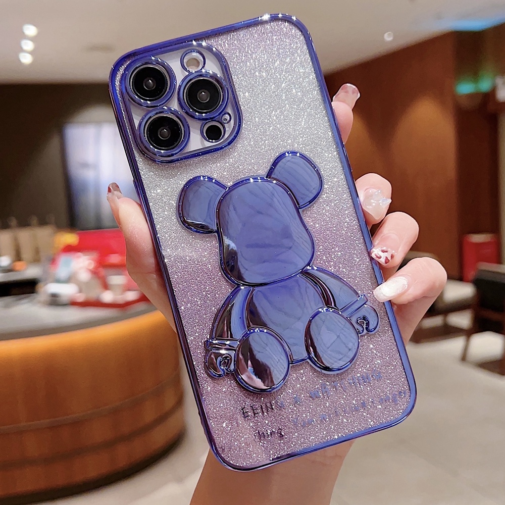 IPHONE Casing Kartun Beruang Glitter Lucu Untuk Iphone14 13 12 11 Pro Max X Xr Xs 8 7 Plus SE 2 Gradien Bling Plating Lembut Shockproof Cover